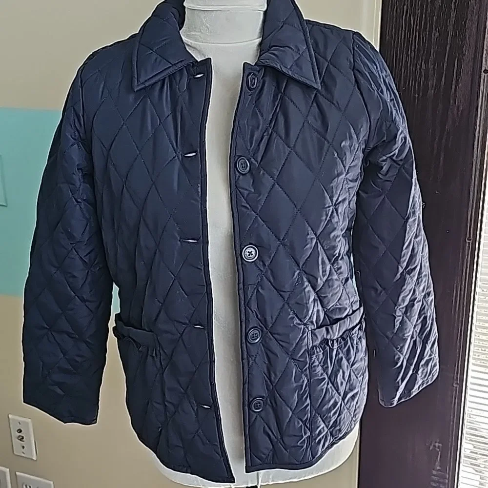 Navy childs quitted lined button front jacket size large 10/12